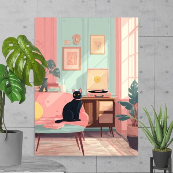 Midcentury Modern Black Cat Print, Retro Atomic Age Wall Art Home Decor #2044, 12x18 UNFRAMED