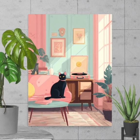 Midcentury Modern Black Cat Print, Retro Atomic Age Wall Art, Unframed Canvas 16x20in