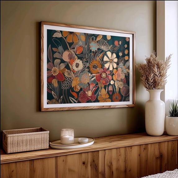 Midcentury Modern Boho Flower Wall Art Earth Tone Printable MCM Art Living Room Decor, Abstract Floral Botanical Print, Boho Floral Art, Size 12x18 UNFFRAMED