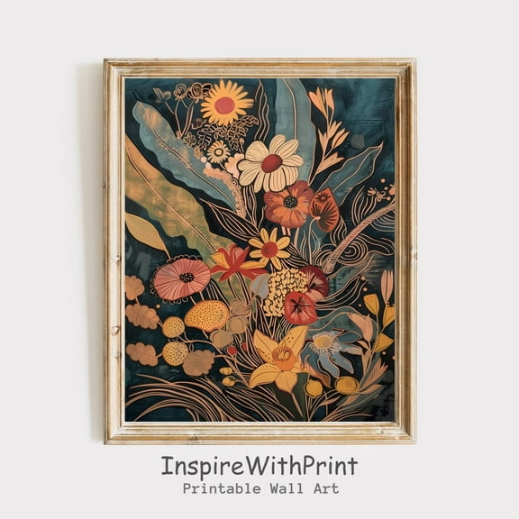 Midcentury Modern Boho Flowers Bouquet Wall Art, MCM Art Decor, Abstract Flower Botanical Poster Artful Boho Floral Art, Size 8x12 UNFFRAMED F03.1.6l280