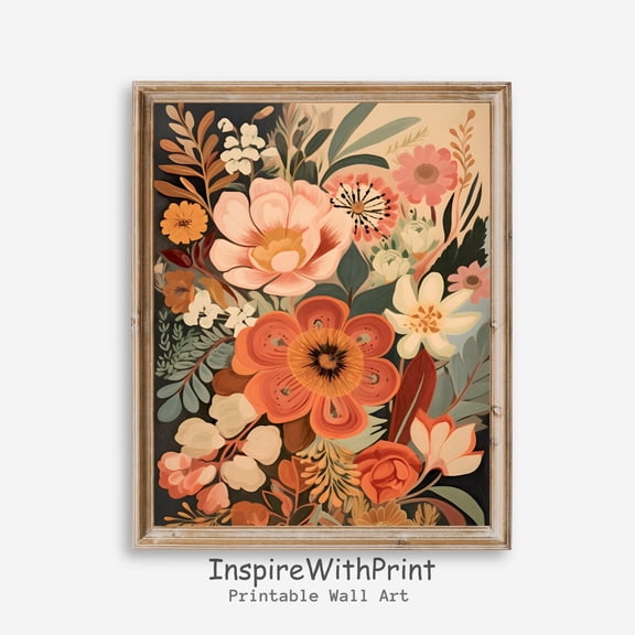 Midcentury Modern Boho Flowers Bouquet Wall Art, Printable MCM Art Poster Abstract Colorful Floral Botanical Poster MCM Living Room Decor, Size 24x36 UNFFRAMED F03.1.6l818