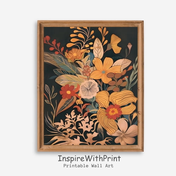 Midcentury Modern Boho Flowers Bouquet Wall Art, Printable MCM Wall Art Decor, Abstract Flower Botanical Poster Artful Boho Floral Art, Size 8x12 UNFFRAMED F03.1.6l797
