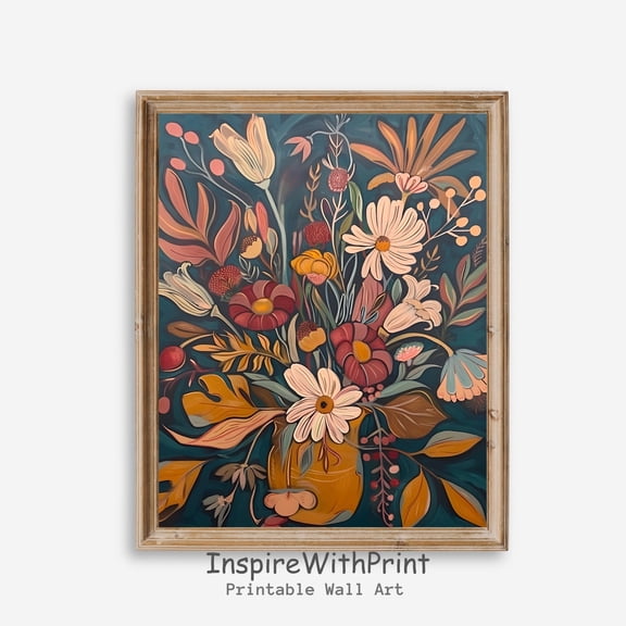 Midcentury Modern Boho Flowers Bouquet Wall Art, Printable MCM Wall Art Decor, Abstract Flower Vase Poster Artful Boho Floral Botanical Art, Size 8x12 UNFFRAMED F03.1.6l287