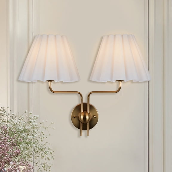 Midcentury Modern Brass Double Sconce with Conical Linen Shade, Indoor Lighting Fixture for Entryway, Bedroom, Dinning Room