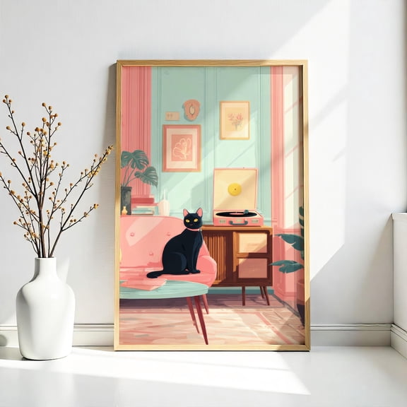 Midcentury Modern Cat Print, Retro Atomic Age Living Room Decor Unframed Paper Print