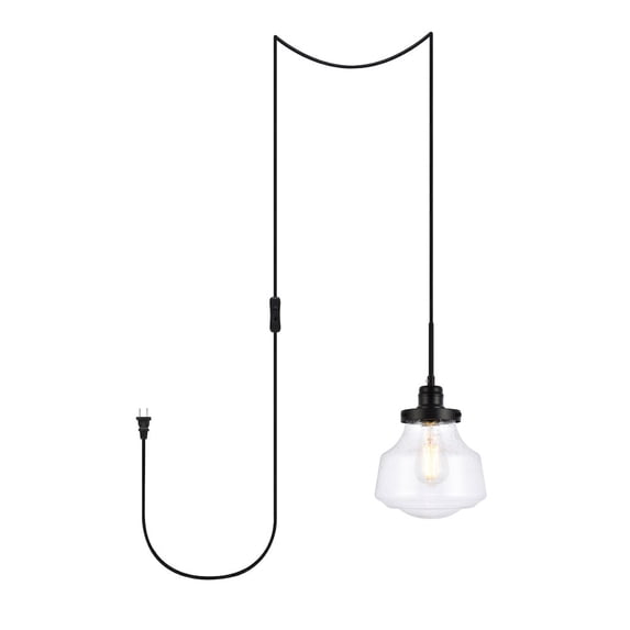 Midcentury Modern Lyle 1 Light Black and Clear Seeded Glass Plug In Pendant