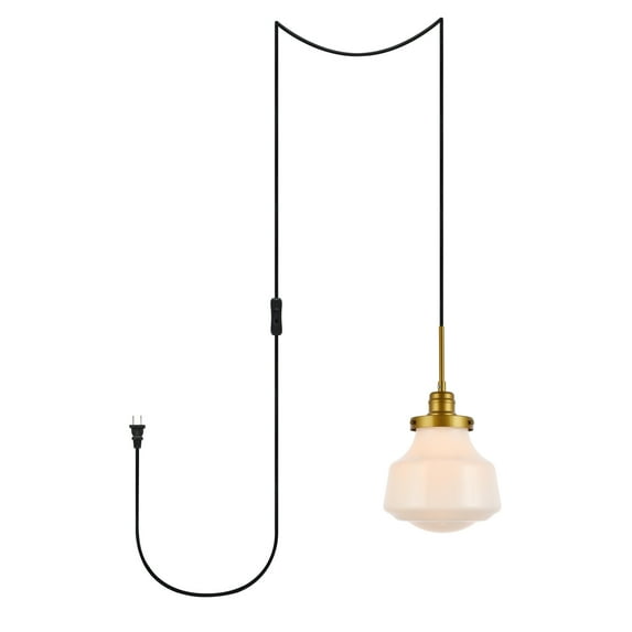Midcentury Modern Lyle 1 Light Brass and Frosted White Glass Plug In Pendant