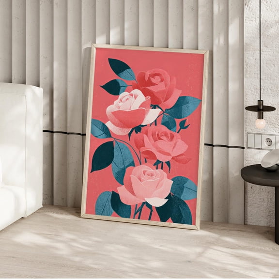 Midcentury Modern Rose Wall Art Print, Retro Floral Risograph Style Botanical Decor