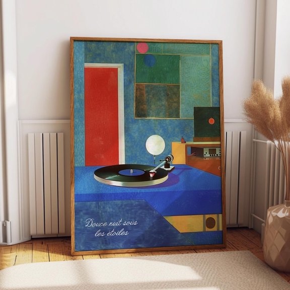 Midcentury Modern Vinyl Player Art Poster - 'Starry Night Serenade' Chic Retro Wall Decor Wall Art, Modern Wall Decor, 8x12 UNFRAMED