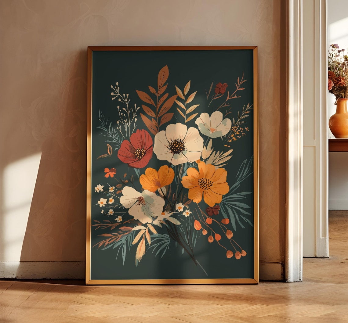 Midcentury Modern Wall Art, Navy Blue Bedroom Print, Flowers Bouquet