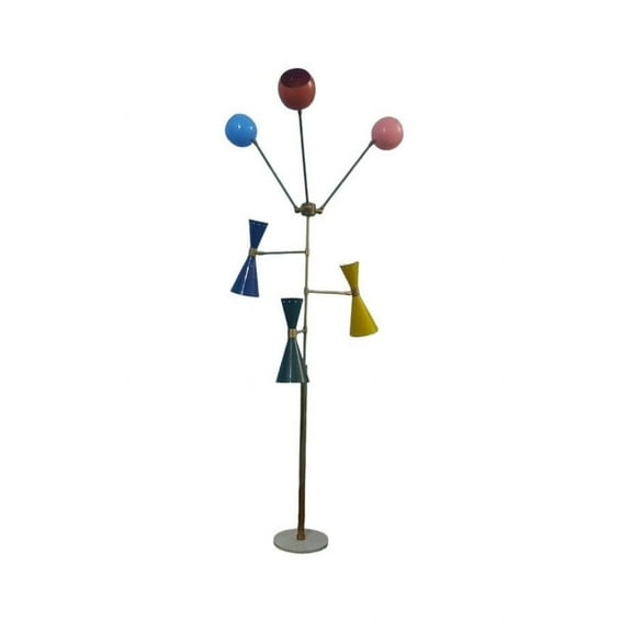 Midcentury Style Brass and Multicolor Lacquered Tripod Floor Lamp Stilnovo , Bedside, Home Décor, Lighting, Light, Living room, Bedroom