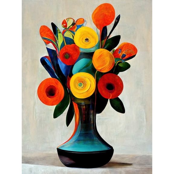 Midcentury Style Bright Floral Bouquet Flowers Painting Orange Yellow Red Turquoise Large Wall Art Poster Print Thick Paper 18X24 Inch