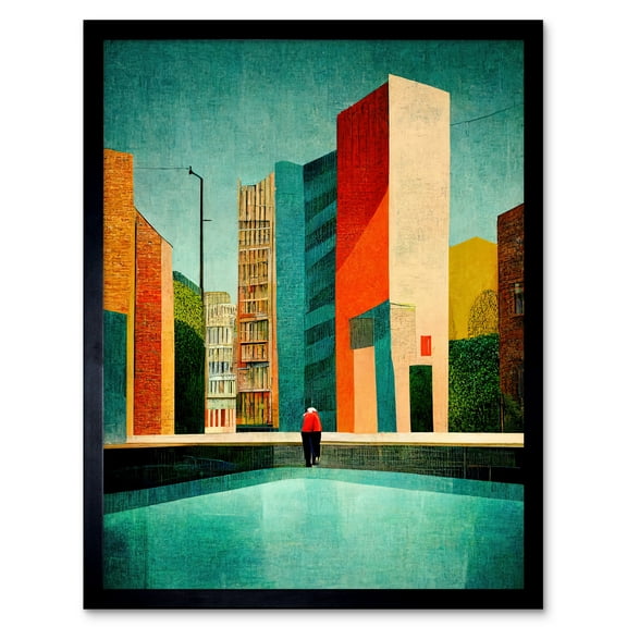Midcentury Style Cityscape Skyline Painting Orange Teal Ochre Art Print Framed Poster Wall Decor 12x16 inch