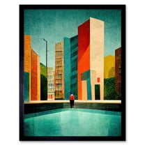 Midcentury Style Cityscape Skyline Painting Orange Teal Ochre Art Print Framed Poster Wall Decor 12x16 inch