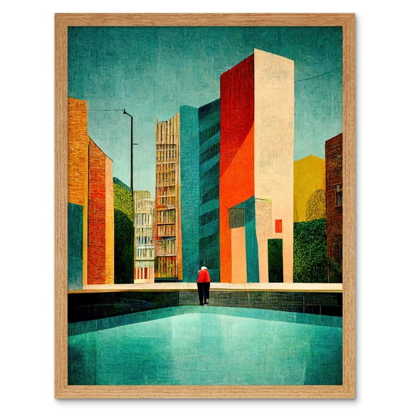 Midcentury Style Cityscape Skyline Painting Orange Teal Ochre Art Print Framed Poster Wall Decor 12x16 inch