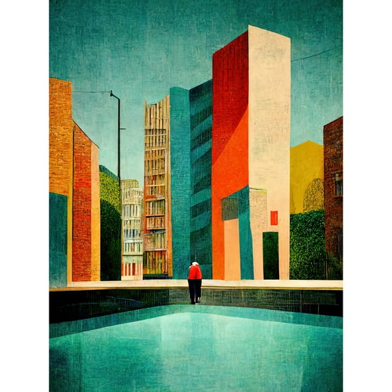 Midcentury Style Cityscape Skyline Painting Orange Teal Ochre Extra Large XL Wall Art Poster Print