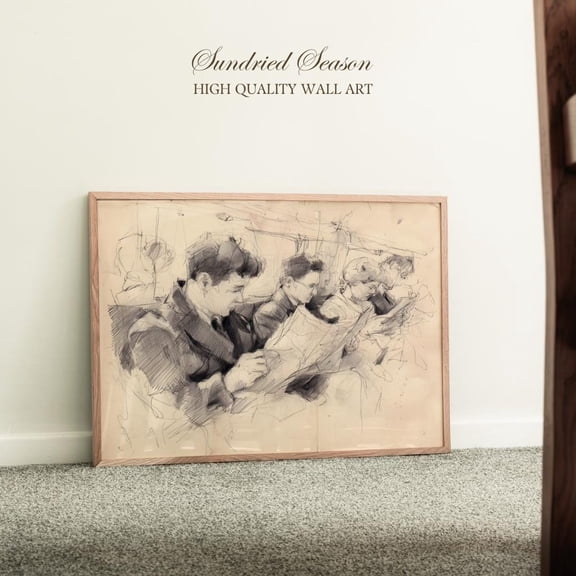 Midcentury Subway Passengers Sketch Retro Commuter Train 1950s Line Drawing, Unframed Paper Poster 8x10in