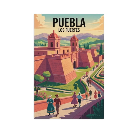 Midday Fort Wall Art Los Fuertes Puebla Mexico Vintage Travel Poster Historic Architecture Gardens Pathways Canvas Poster