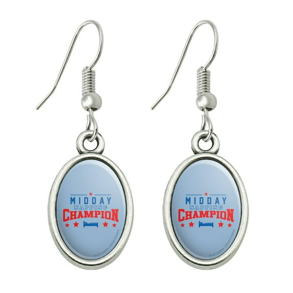 Midday Napping Champion Funny Humor Novelty Dangling Drop Oval Charm Earrings