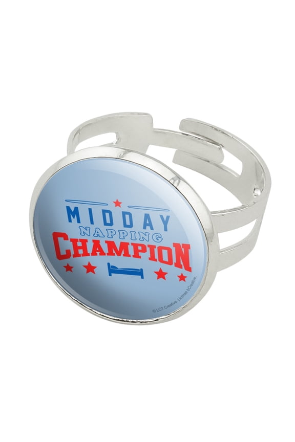 Midday Napping Champion Funny Humor Silver Plated Adjustable Novelty Ring