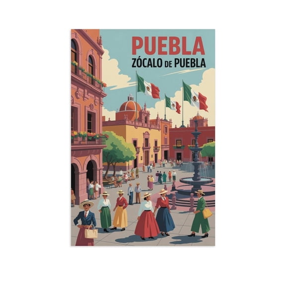 Midday Plaza Wall Art Zocalo De Puebla Mexico Retro Travel Poster Historic Colonial Architecture Print Poster
