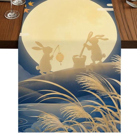 Midddle Autumn Festival Short Table Runner 60 Inches Long,Funny Rabbit ...