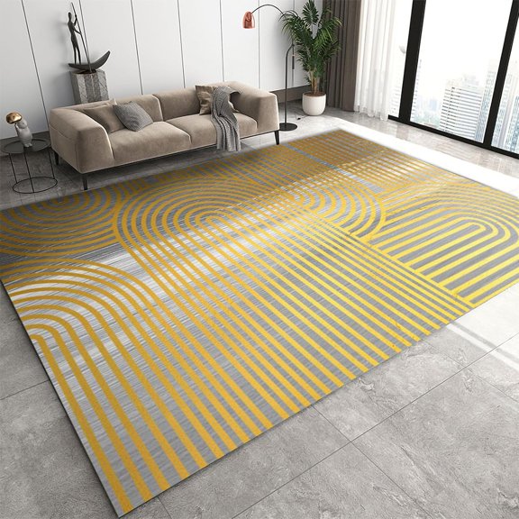 Middle Ages Geometry Lines Area Rug ，Bohemia Golden Arched Art Lines Rug For Living Room ，Anti-Slip Washable Rugs ，Apply To Bedroom Dining Room Farmhouse Office 5x7ft