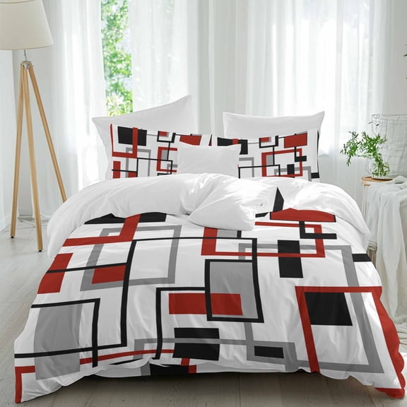 Middle Ages Minimalist Geometric Full Size Bed Set,Red Black White Grey Color Block Bedding for All Seasons,4 Pcs Bed Set,1 Quiltcover(86"x86"),1 Sheet(80"x116"),2 Pillowcases(30"x20")