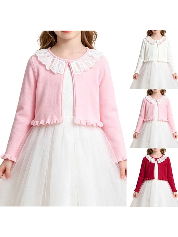 Girls Ruffle Cardigan Girls Middle and High School Solid Color Lace One Button Sweater Shawl Jacket Girls' Knitted Cardigan