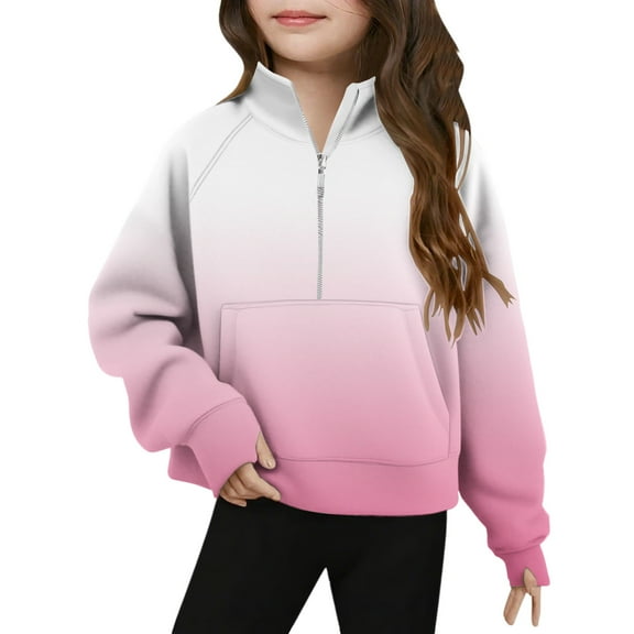 Middle Big Children's Half Zip Sweatshirt Long Sleeve Turtleneck Pullover Top Gradient Color Sweatshirts with Pockets Pink 5 Years
