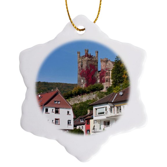 3drose, Middle Castle, Neckarsteinach, Germany - Eu10 Mde0169 - Michael Defreitas, 3 inch Snowflake Porcelain Ornament