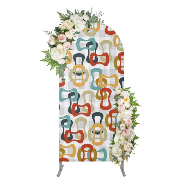 Middle Century Arch Backdrop Cover 4FT, Abstract Geometric Colorful Rings Vintage Spandex Fitted Stretchy Arch Stand Covers, Round Top Chiara Backdrop Cover for Wedding Party Birthday Baby Shower