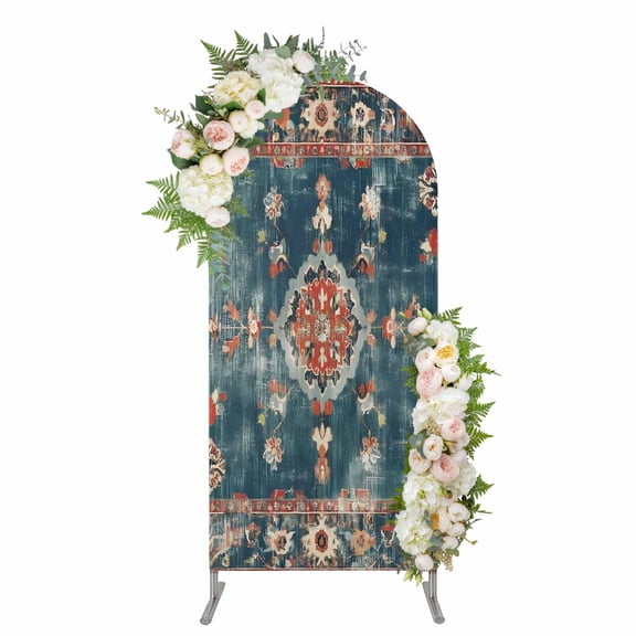 Middle Century Arch Backdrop Cover 4FT, Vintage Bohemia Abstract Texture Art Blue Spandex Fitted Stretchy Arch Stand Covers, Round Top Chiara Backdrop Cover for Wedding Party Birthday Baby Shower