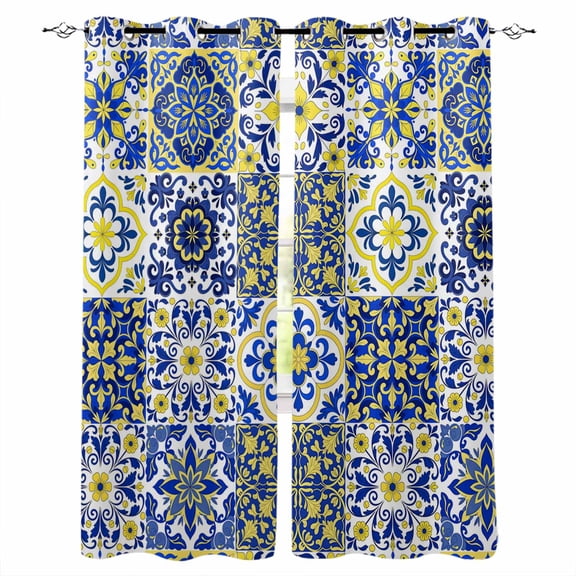 Middle Century Blackout Curtains for Bedroom, Vintage Farmhouse Bohemia Style Blue Thermal Insulated Kitchen Drapes with Grommets, Light Blocking Window Treatment, 2 Panels 27.5" x 39"