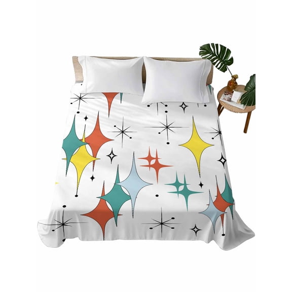 Middle Century Flat Sheet Only Twin Size, Soft Breathable Bed Top Sheets for Mattress, Boho Abstract Art Teal Orange Rhomboid Luxury Bedding Flat Sheets for Home Hotel Bedroom Bed Protection
