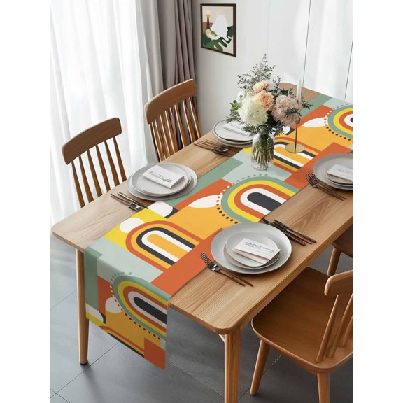 Middle Century Geometric Art Table Runner 13x70in Non-Slip Cotton Linen Table Runners, Retro Nordic Abstract Arch Dresser Scarves TableRunner for Dinner Kitchen Dining Wedding Party