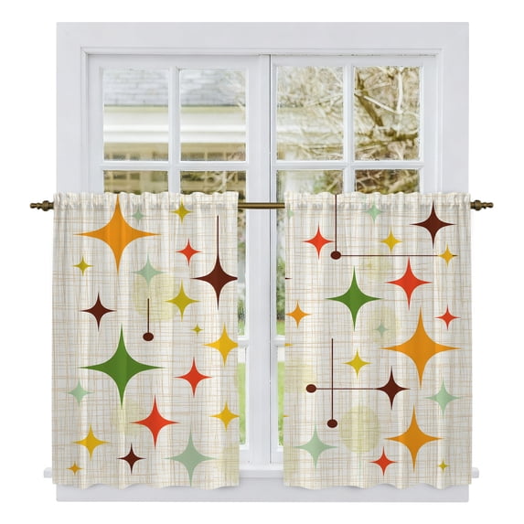 Middle Century Kitchen Curtains 54 Inch Length, Geometric Abstract Boho Stripeds Tiers Curtains for Bathroom Bedroom Cafe, Light Filtering Small Window Treatment Short Drapes 2 Panels 42"Wx54"L