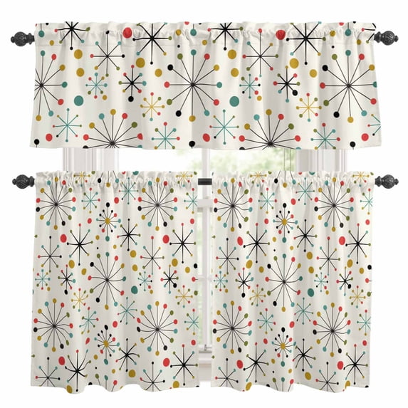 Middle Century Kitchen Curtains Sets for Windows 24 Inch Length, Geometric Modern Abstract Vintage Rod Pocket Window Treatments Tier Curtains and Valances Set for Bedroom/Bathroom