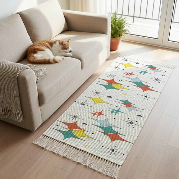 Middle Century Kitchen Runner Rug 2'x4', Boho Abstract Art Teal Orange Rhomboid Washable Rug with Tassels, Non Slip Woven Cotton Bathroom Rugs Hallway Carpet for Foyer Bedroom Entry Back Door Decor