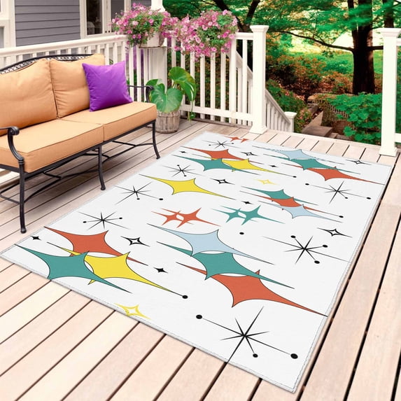 Middle Century Outdoor Rug 3x5 Ft, Non Slip Washable Area Rug, Boho Abstract Art Teal Orange Rhomboid Patio Rugs Carpet Runner, Large Floor Mat for Indoor/Outdoor Deck Porch Camping