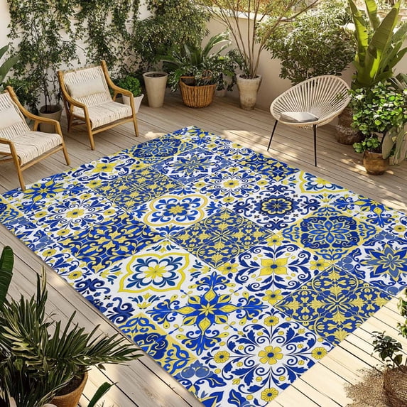 Middle Century Outdoor Rug for Patio/Deck/Porch, Non-Slip Large Area Rug 4 x 6 Ft, Vintage Farmhouse Bohemia Style Blue Indoor Outdoor Rugs Washable Area Rugs, Reversible Camping Rug Carpet Runner