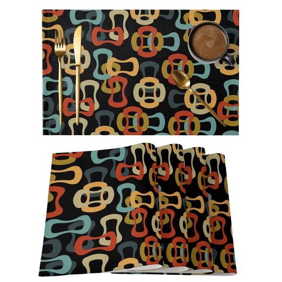 Middle Century Placemats Set of 4 Abstract Geometric Colorful Rings Black Place Mats Indoor Wipeable Table Mats Washable Cloth Dining Table Placemats for Kitchen Holiday Party Home Decor 13x19 Inch