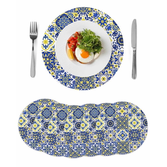 Middle Century Round 13 Inch Placemats Set of 6, Vintage Farmhouse Bohemia Style Blue HeatResistant Non Slip Place Mats for Dining Table, Wipeable Braided Kitchen Table Mats for Housewarming