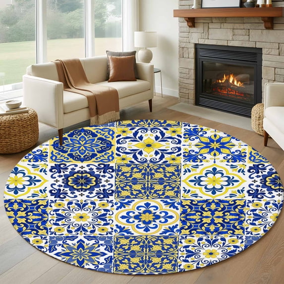Middle Century Round Area Rug 7Ft Washable Circle Rugs for Dorm Laundry Room, Vintage Farmhouse Bohemia Style Blue Non-Slip Carpet Floor Mats Indoor Outdoor Carpet Runner Aesthetic Home Decor