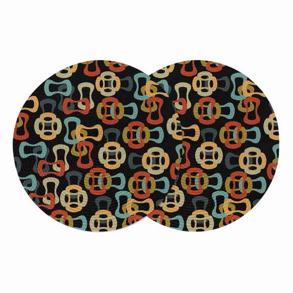Middle Century Round Placemats Set of 2 Abstract Geometric Colorful Rings Black Place Mats Indoor Woven Table Mats Washable Heat-Resistance Braided Dining Table Placemats for Kitchen Decor 13 Inch