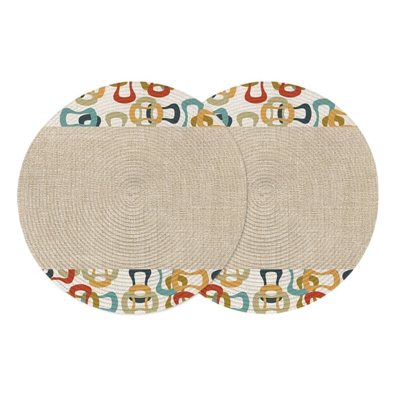 Middle Century Round Placemats Set of 2 Abstract Geometric Colorful Rings Retro Beige Place Mats Indoor Woven Table Mats Washable Heat-Resistance Braided Dining Table Placemats for Kitchen 13 Inch