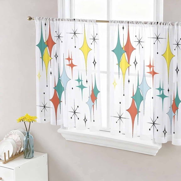Middle Century Semi Sheer Window Curtains 54 Inches Long, Boho Abstract Art Teal Orange Rhomboid Rod Pocket Voile Silky Chiffon Curtain Light Filtering Drapes for Living Room, 52"x54", 2 Panels