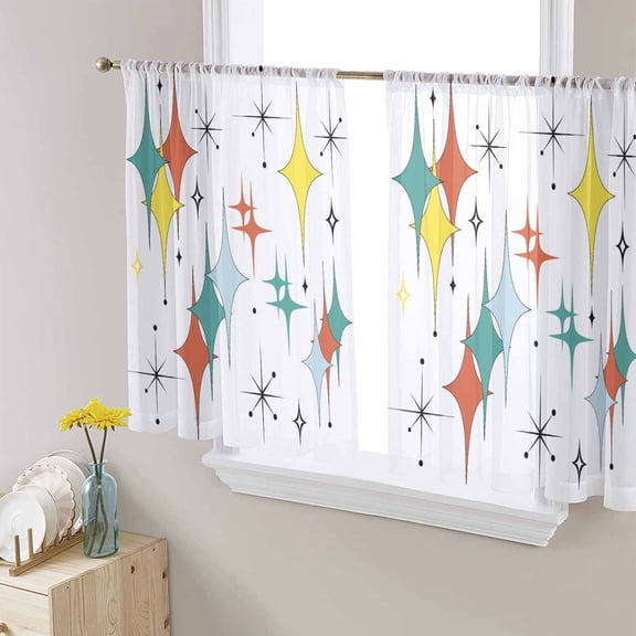 Middle Century Sheer Curtains 45 Inch Length 2 Panels Set for Living Room/Bedroom, Boho Abstract Art Teal Orange Rhomboid Curtain Sheers Drapes Rod Pocket Curtains Window Treatment Set 52''x45''x2