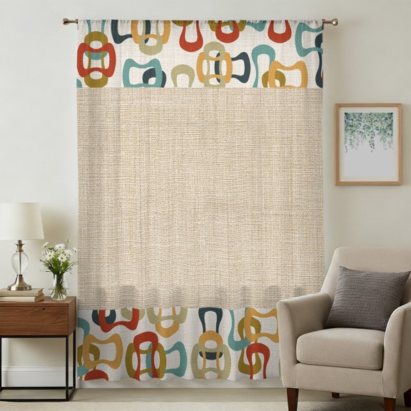 Middle Century Sheer Curtains 45" Long for Bedroom, Abstract Geometric Colorful Rings Retro Beige Light Filtering Privacy Drapes, Breathable Semi Sheer Short Window Treatment for Kitchen Cafe