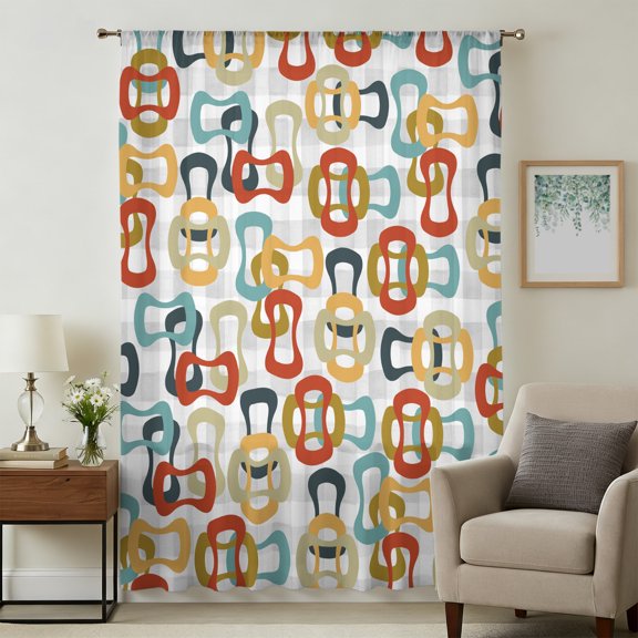 Middle Century Sheer Curtains 45" Long for Bedroom, Abstract Geometric Colorful Rings Vintage Light Filtering Privacy Drapes, Breathable Semi Sheer Short Window Treatment for Kitchen Cafe Bathroom